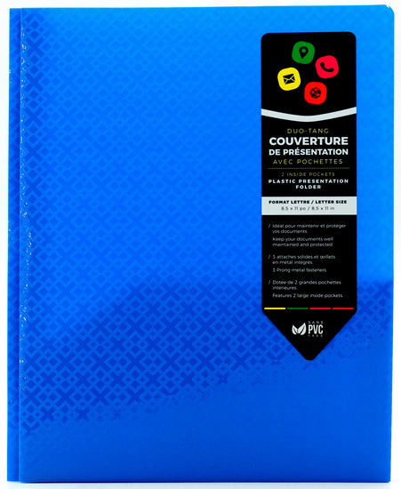 Duo-tang bleu à motifs avec pochettes