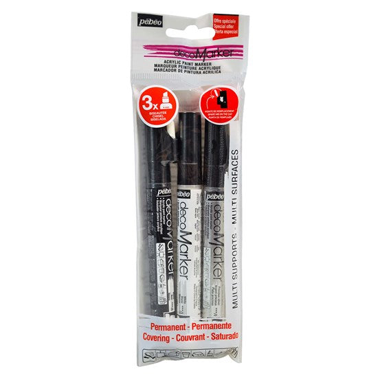 Pqt 3 marqueurs acrylique - 4mm - noir blanc argent