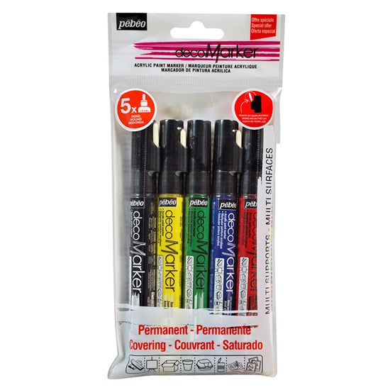 Pqt 5 marqueurs acrylique - 1.2mm - asst couleurs primaires