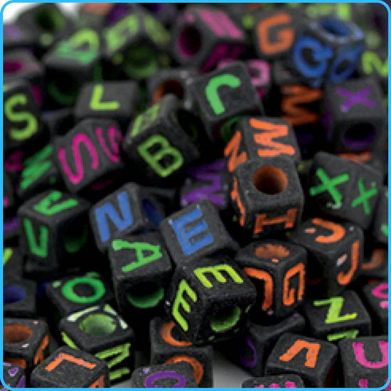 Pack of 100 Alphabet UV Black Fluorescent Cube Beads