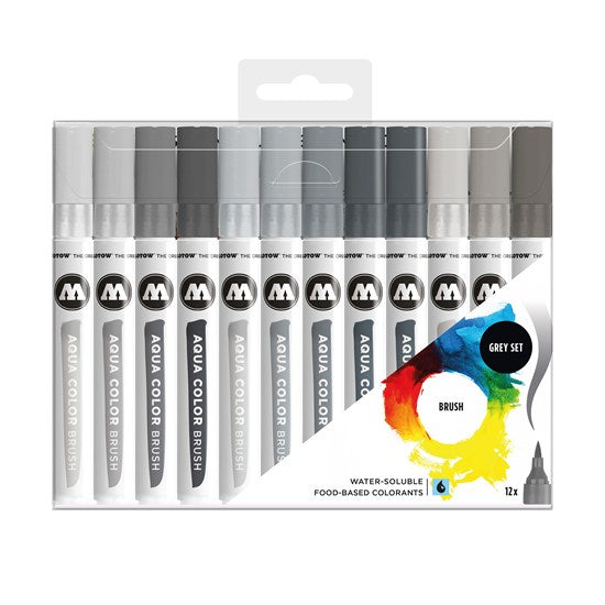 Set of 12 Aqua Color Brush Markers Grey