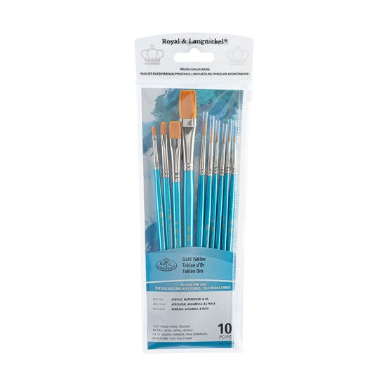 Set of 10 Gold Taklon Brushes Flat/Round