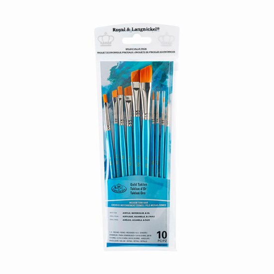 Set of 10 Gold Taklon Brushes Angular/Round