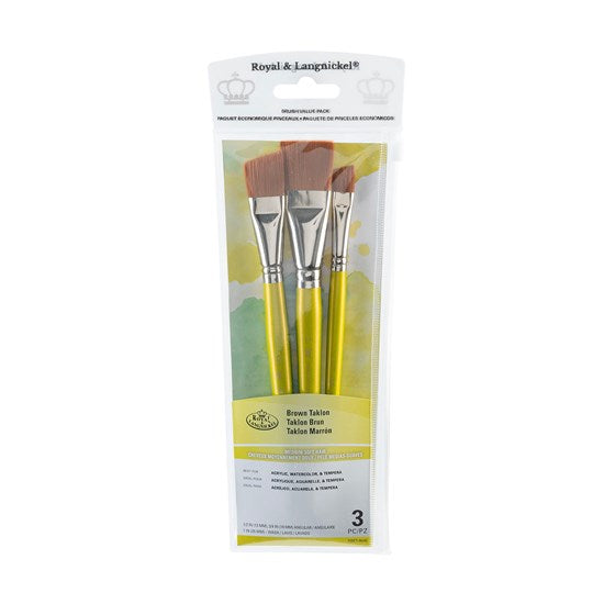 Set of 3 Brown Taklon Brushes Wash/Angular
