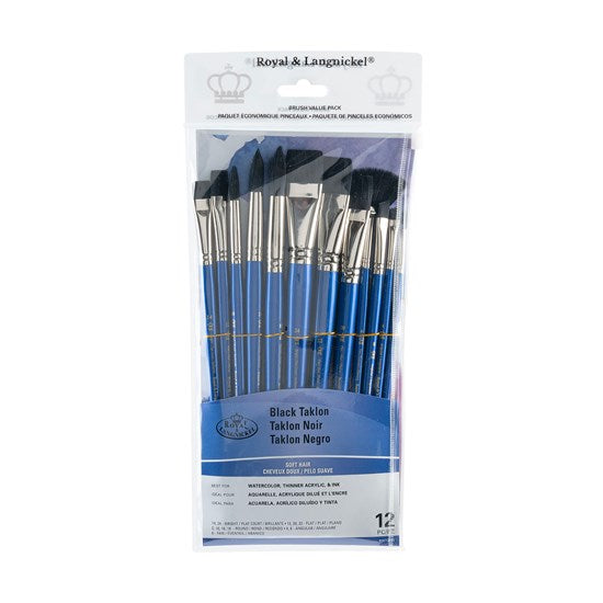 Set of 12 Black Taklon Brushes Bright/Flats