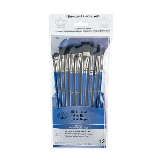 Set of 12 Black Taklon Brushes Bright/Rounds