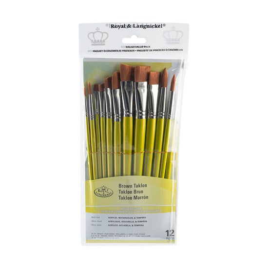 Set of 12 Brown Taklon Brushes Bright/Round