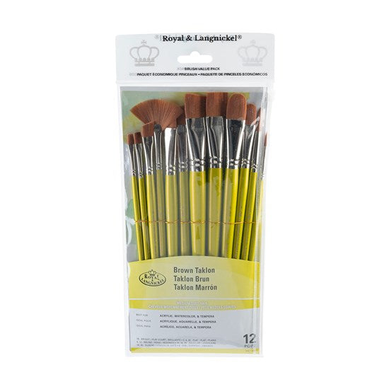 Set of 12 Brown Taklon Brushes Bright/Flat