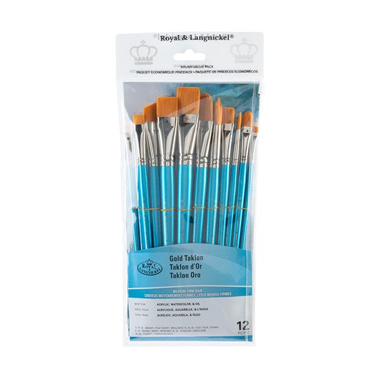 Set of 12 Gold Taklon Brushes Bright/Flat