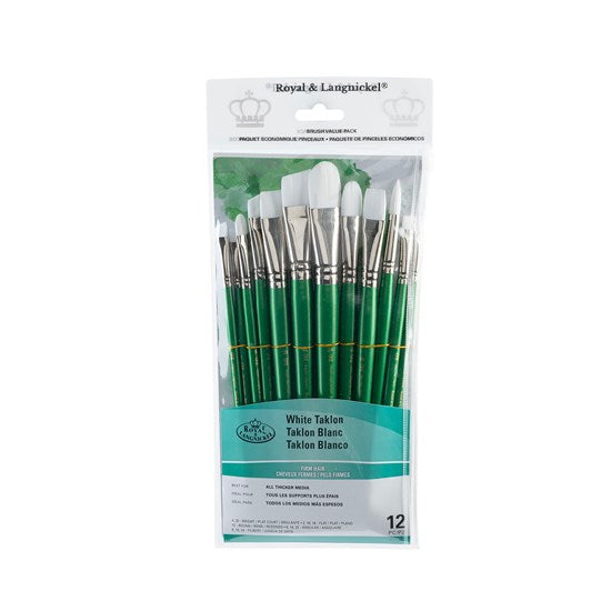 Set of 12 White Taklon Brushes Bright/Filbert
