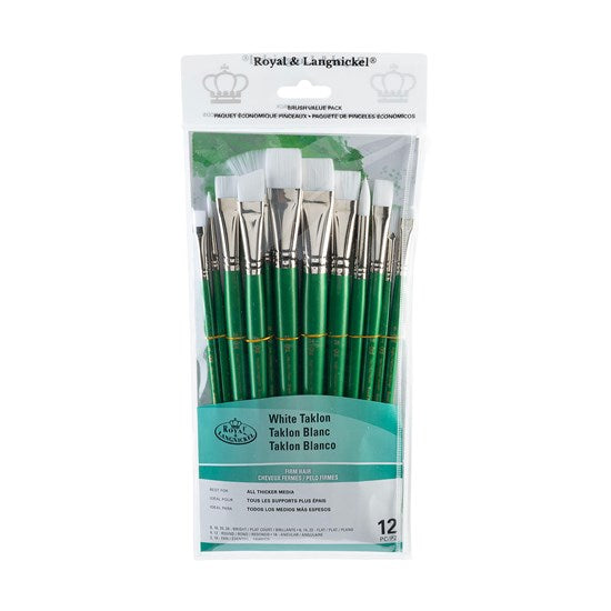 Set of 12 White Taklon Brushes Bright/Rounds