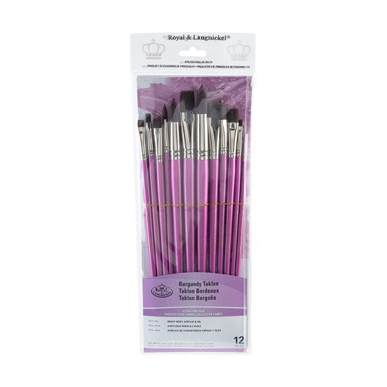 Set of 12 Burgundy Taklon Brushes Assorted