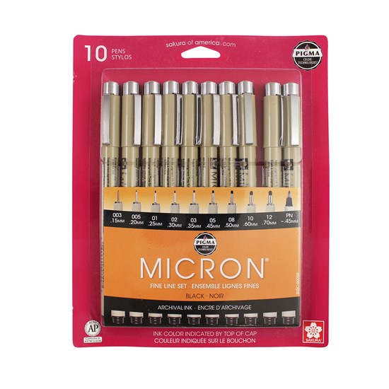 Ens. 10 feutres pigma micron noir lignes fines