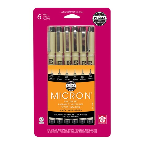 Ens. 6 feutres pigma micron noir lignes fines