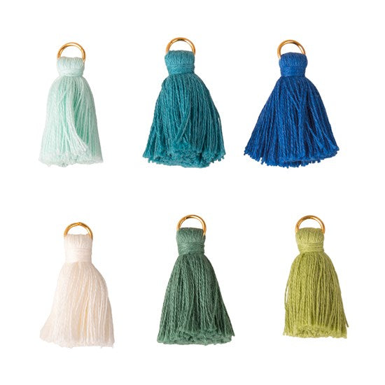 Ens. 6 pampilles en coton - couleurs froides