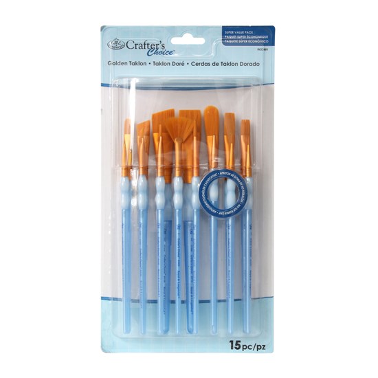 Ens. 15 pinceaux assortis en taklon doré