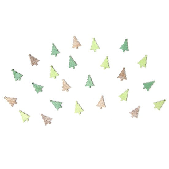 Ens. 24 ornements en bois - sapins, couleurs assorties