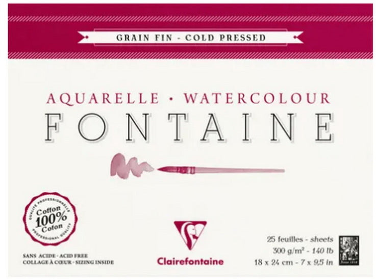 BLOC 25 FEUILLES PAPIER AQUARELLE FONTAINE - GRAIN FIN 18 X 24 Centimètres