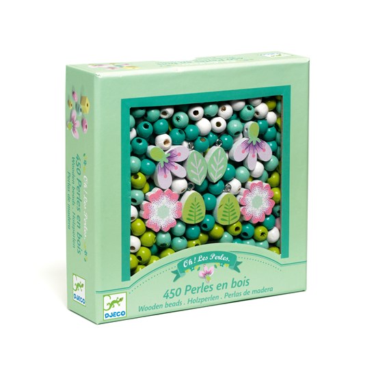 Ens. perles en bois - feuilles et fleurs