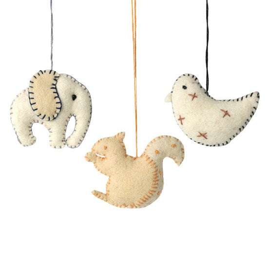 Ens. 3 ornements en feutrine - oiseau, écureuil et éléphant