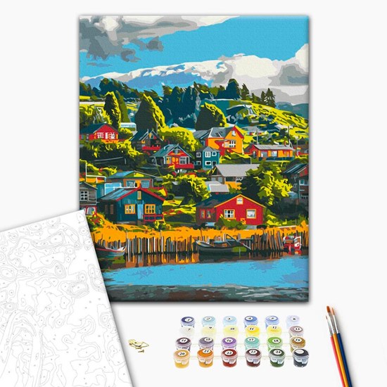 Ens. peinture à numéro village coloré