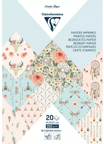 Bloc Papiers Imprimés 5.8 X 8 po (14.8 X 21 cm) 200g Bohème Chic 20 Feuilles