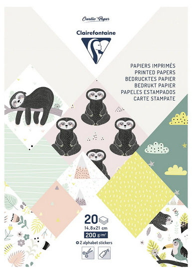 Bloc Papiers Imprimés 5.8 X 8 po (14.8 X 21 cm) 200g Paresseux 20 Feuilles