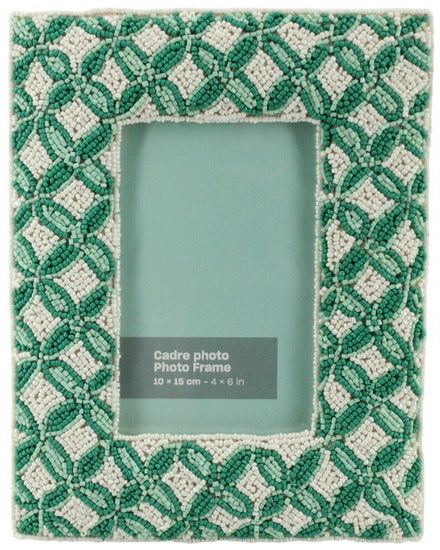 Green & ivory glass beads hand embroidered photo frame
