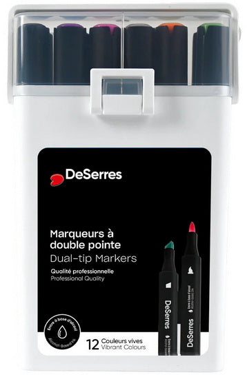 Ens. 12 marqueurs à alcool double pointe - boitier plastique