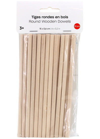 Ens.30 Bâtons bois rond 15x0.6cm