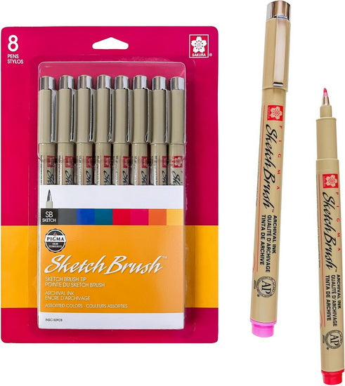 Set of 8 brush pens Pigma Micron  assorted colours