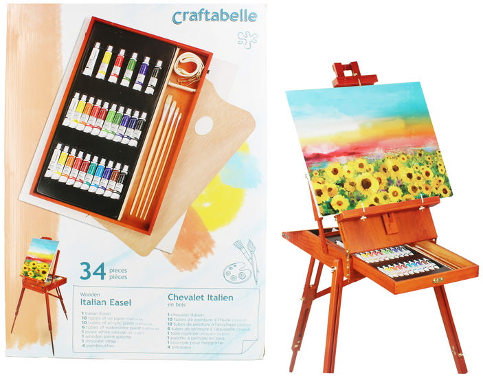 Ens. chevalet en bois techniques mixtes - 34 pcs