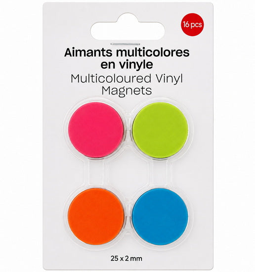 Ens. 16 Aimants ronds en vinyle couleurs ass 25x1mm