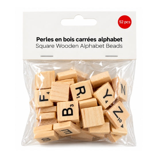 Ens. 52 perles en bois carrées alphabet