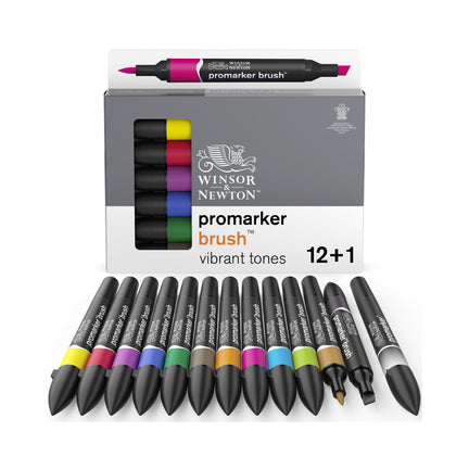 12-Piece Double-Tip Promarker Marker Set in Vibrant Colors - Brush and Chisel Tip