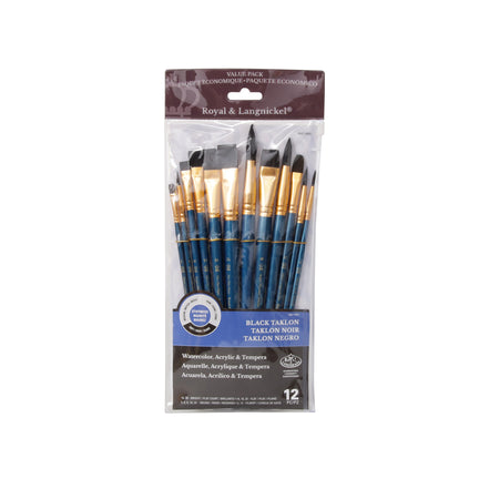Black Taklon Paintbrushes — Set of 12