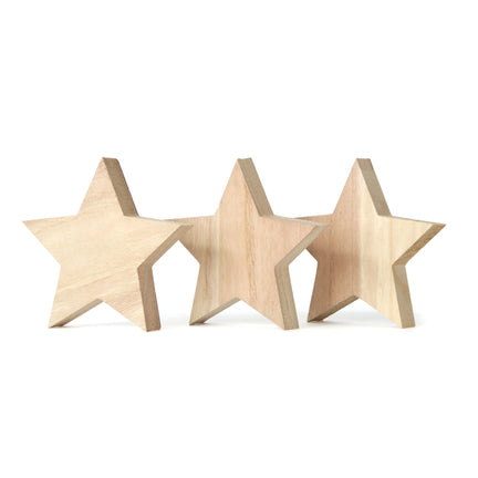 3-Pack Natural Wood Ornaments - Stars, 12 cm