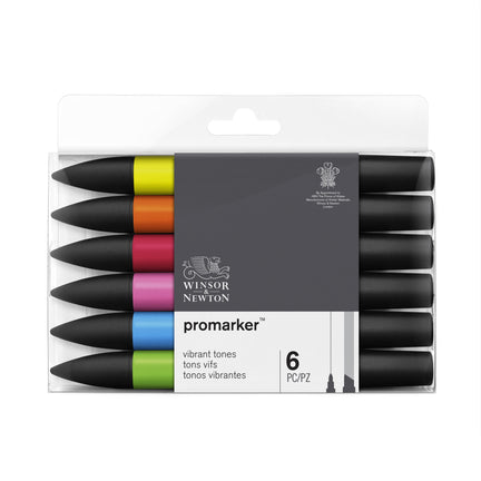6-Piece Double-Tip Promarker Marker Set in Assorted Vibrant Colors - Bullet and Chisel Tip